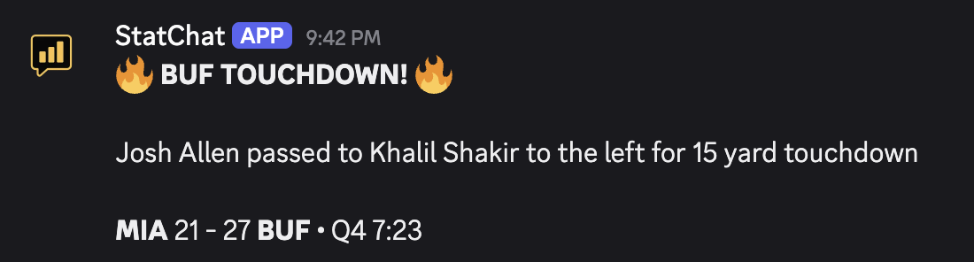 Discord fantasy football bot live scoring update showing touchdown notification and fantasy points impact